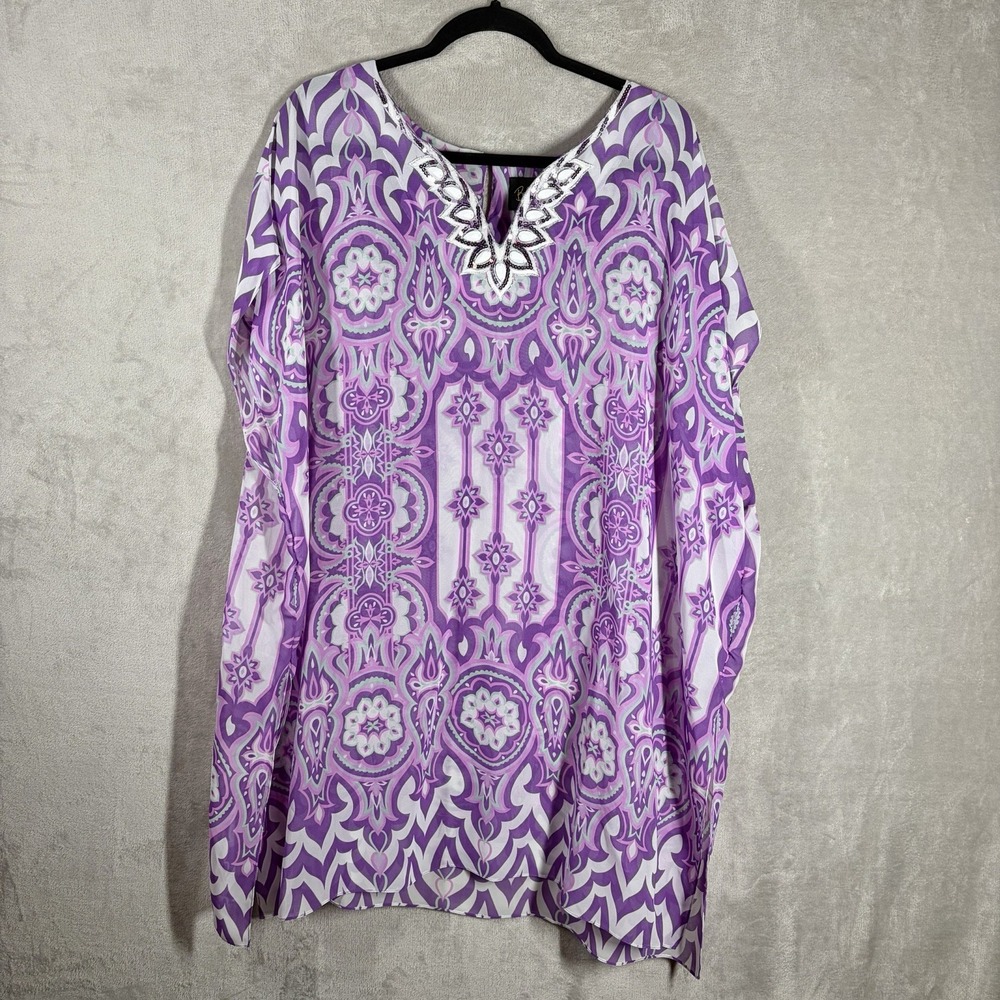 Bob Mackie Wearable Art Moroccan Paisley Caftan Poncho Top Size 1X Sheer Travel